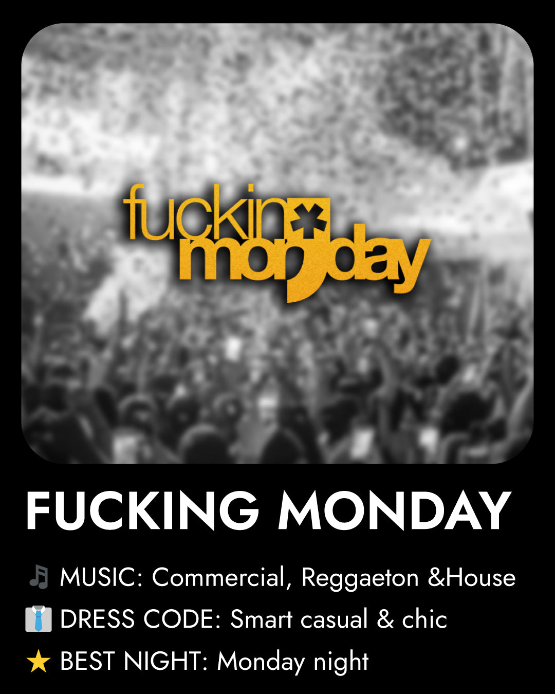 Promotional poster for 'Fucking Monday Madrid' event with crowd in the background